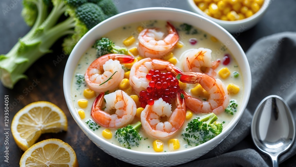 Poster shrimp and red caviar with corn in creamy broccoli soup garnished with fresh ingredients served in a