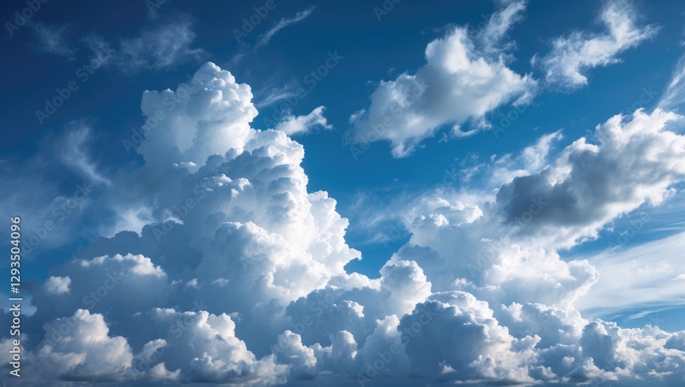 Poster majestic blue sky with fluffy white clouds creating a serene and tranquil backdrop for nature and ou