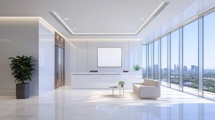 Fototapeta premium Modern Finance Office, a sleek workspace designed for efficiency, featuring high-end furniture, clean layouts, neutral color schemes, promoting sophistication and productivity.