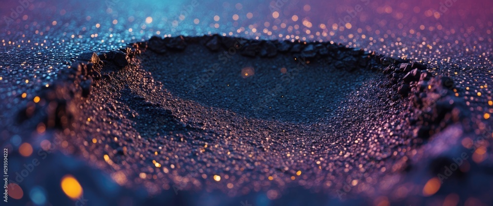 Poster vibrant blurred asphalt texture featuring a circular depression and shimmering colors creating an ab