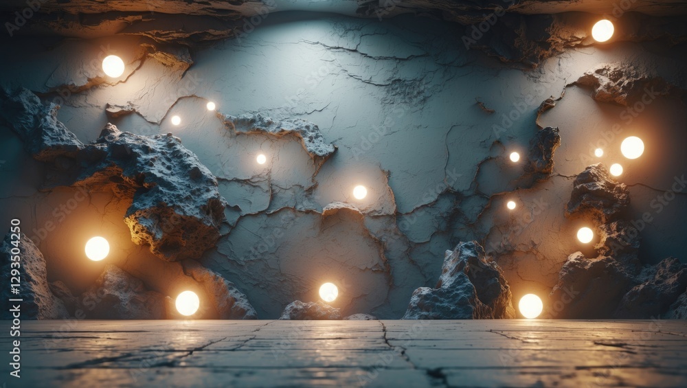 Poster abstract illuminated wall with textured rocks and soft glowing orbs creating a three-dimensional atm
