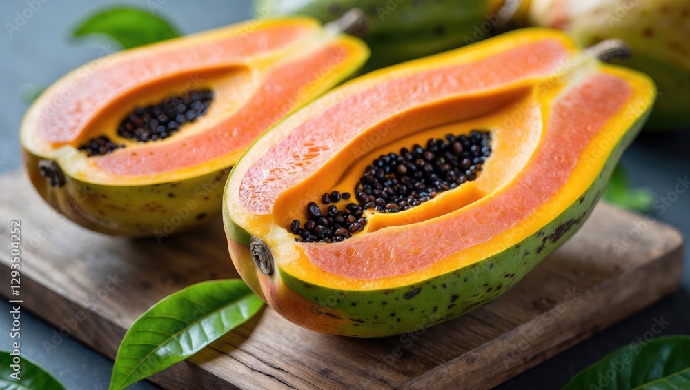 Poster freshly sliced ripe papaya showcasing vibrant colors and seeds on a wooden surface with green leaves