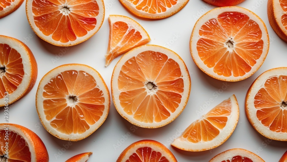 Poster Close-Up Arrangement of Fresh Tangerine Slices on White Background with Space for Text or Copy for Food and Wellness Themes