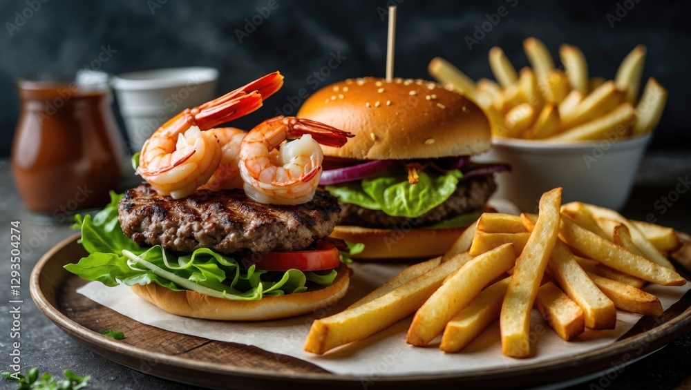 Poster shrimp and beef burger served with fresh salad and golden french fries on a wooden plate with empty 