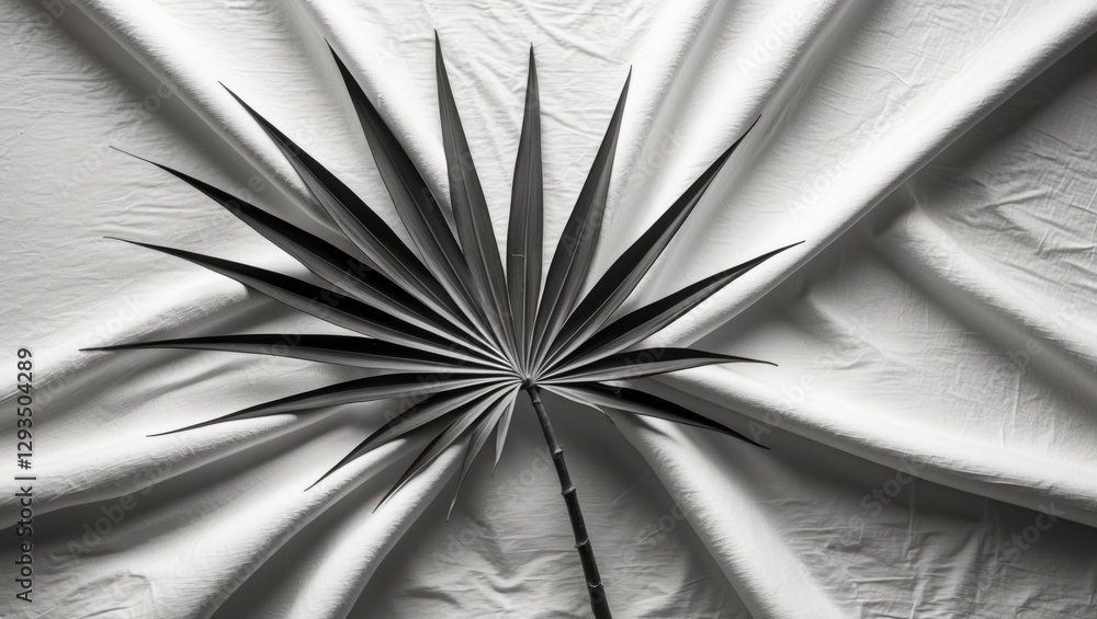 Poster spiky palm tree leaf placed on elegant folded white textile background in a minimalist black and whi