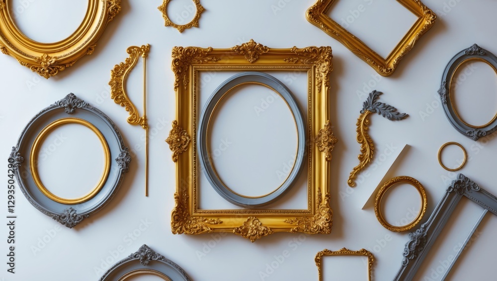 Poster collection of elegant vintage golden and gray picture frames arranged creatively on a white backgrou