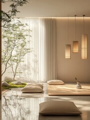The image shows a Japanese room with natural light and minimalist design