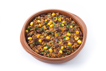 Traditional Mexican Chili con carne. Minced meat and vegetables stew in tomato sauce isolated on white background