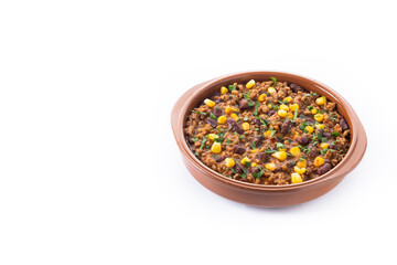 Traditional Mexican Chili con carne. Minced meat and vegetables stew in tomato sauce isolated on white background. Copy space