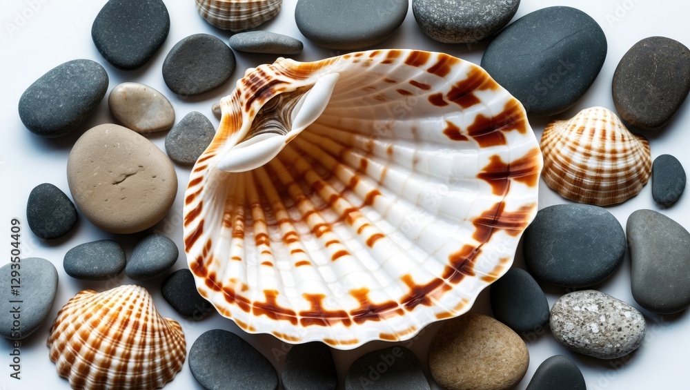 Poster seashell surrounded by smooth pebbles on a white background showcasing coastal and natural beauty. p