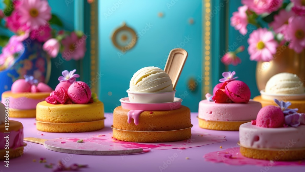 Aufkleber Delicious Oval-Shaped Cakes Topped With Ice Cream Surrounded By Flowers And Empty Space For Custom Text Or Branding
