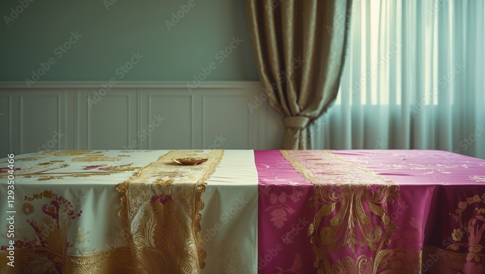 Poster elegant tablecloth display showcasing intricate design and luxurious texture in a serene studio envi