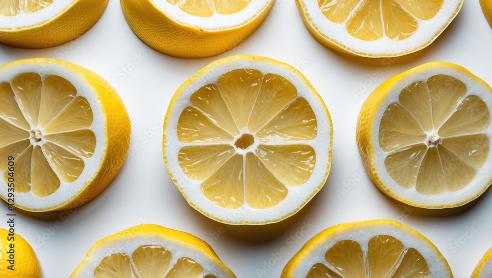 Aufkleber Sliced Fresh Lemons Arranged on White Background with Copy Space for Text or Product Presentation
