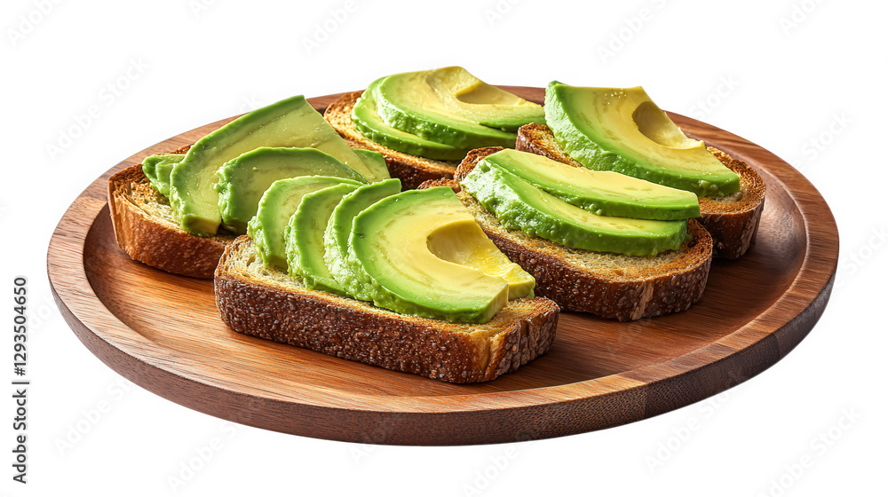 Poster a wooden plate with four slices of toasted bread topped with neatly arranged slices of avocado the v