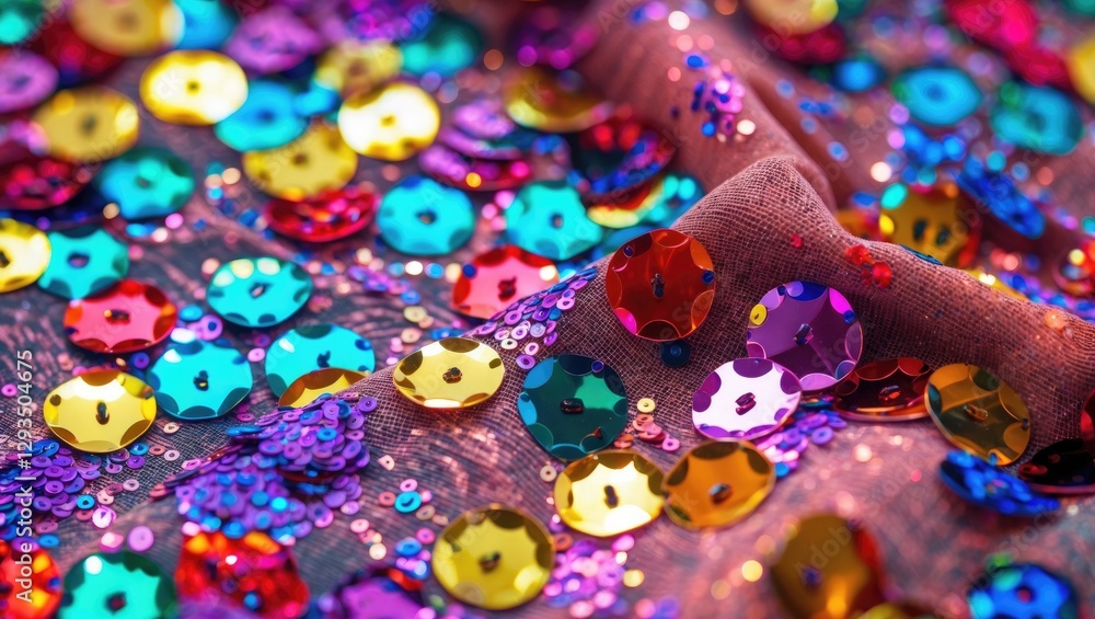 Poster Colorful sequins macro shot on fabric creating a vibrant abstract background ideal for festive and creative design projects.