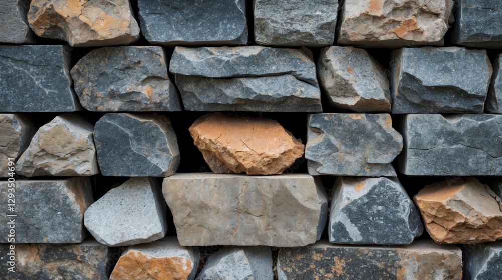 Aufkleber Textured stone wall with irregular shapes and colors, showcasing a rustic foundation design for architectural or landscaping projects.