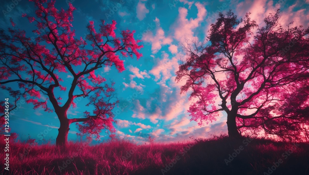 Poster vibrant silhouette of tree branches against a colorful sky at sunset with fluffy clouds and a serene