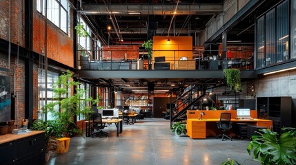 Urban Industrial Office, a contemporary workspace featuring exposed brick walls, sleek metal accents, and a functional layout, creating an edgy and inspiring environment.