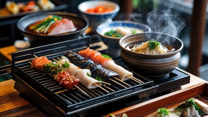 Japanese cuisine featuring Shabu Shabu and Sukiyaki with grilled skewers and simmering pots in an elegant dining setting.