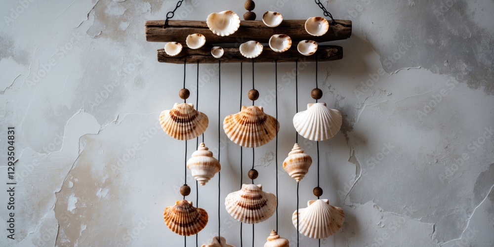 Poster decorative sea shell wind chimes with natural wood hanger against texture background empty space for