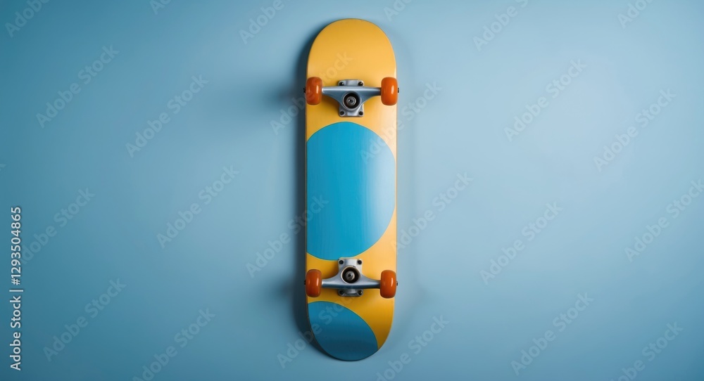 Aufkleber colorful skateboard on light blue surface from above with circle design and space for text insert