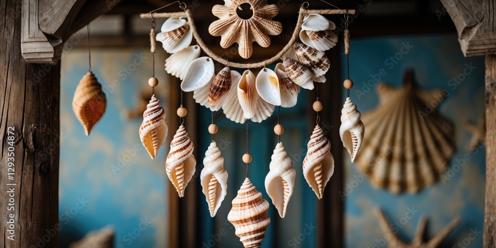 Poster decorative sea shell wind chimes wall hanging with natural elements and copy space for custom text o