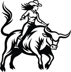Cute cowgirl riding a bull silhouette vector illustration, cowgirl riding a bull line art vector, cowgirl riding a bull isolated vector icon design