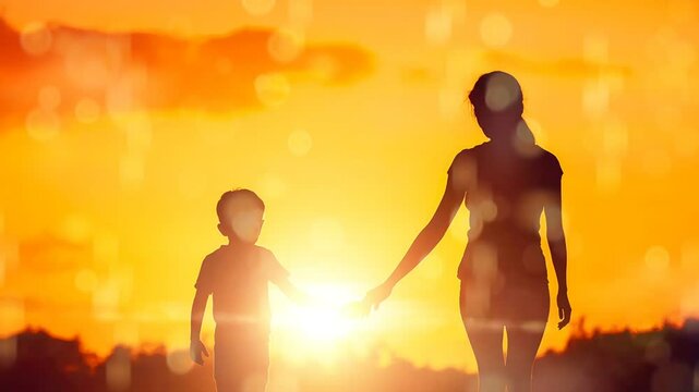 Silhouette von Mutter und Sohn mit Sonnenuntergang und Liebesanimationshintergrund. um den Muttertag zu feiern. sich wiederholendes Animationsmaterial