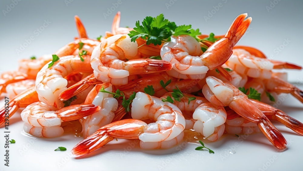 Poster fresh shrimp piled on a table garnished with herbs against a clean background ideal for culinary pro