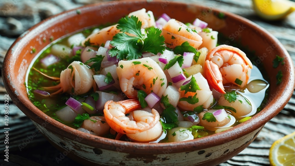 Poster seafood ceviche with shrimp and clams in a clay bowl garnished with cilantro and onion on a rustic w