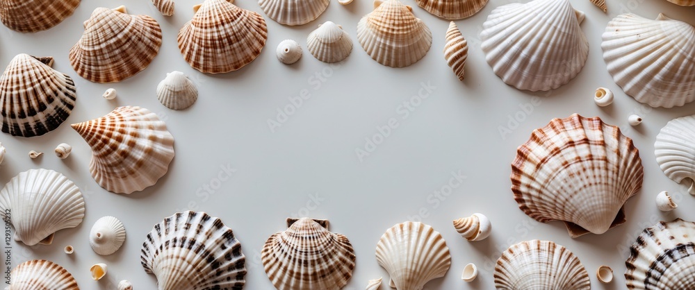 Aufkleber Seashells arranged on a white background with ample empty space for text or creative design elements, perfect for coastal themes.