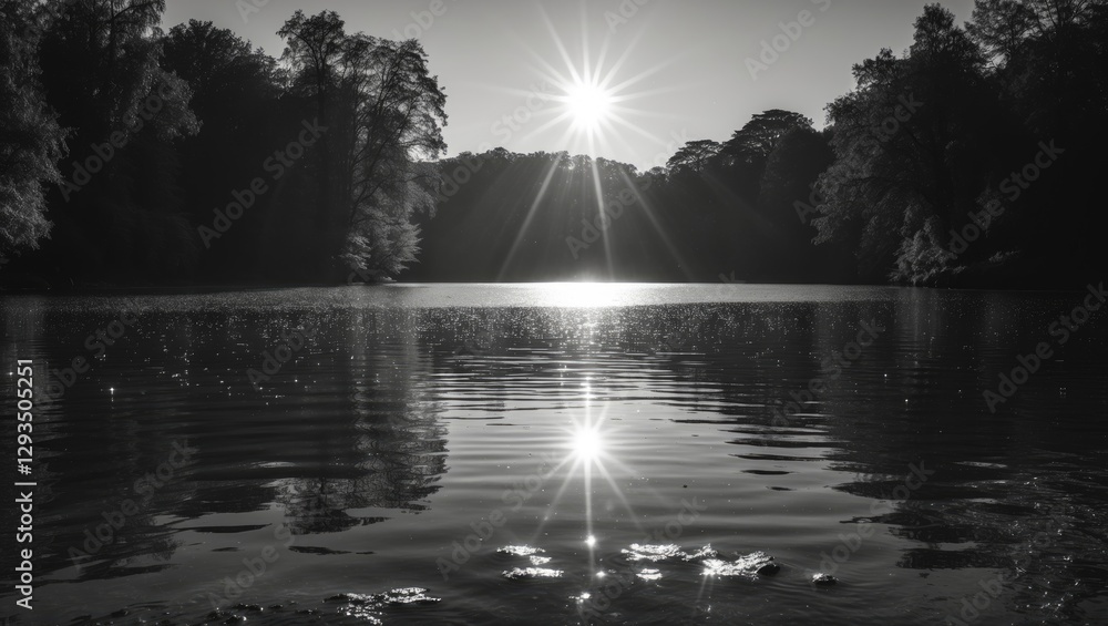 Poster Sunlight Glimmering on a Calm Lake Surface Captured in Elegant Black and White Monochrome Setting