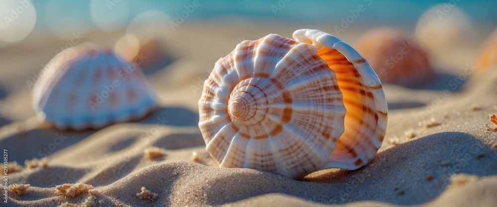 Aufkleber seashell resting on sandy beach with soft sunlight reflecting on surrounding sand and ocean in backg