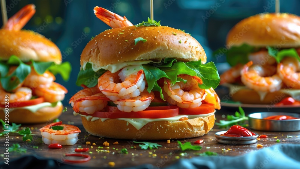 Aufkleber Delicious shrimp sandwich with fresh ingredients and empty copy space for text on a rustic wooden table background.