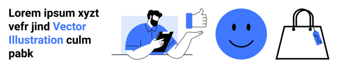 Person interacting with a tablet, thumbs-up gesture, smiling face, and shopping bag symbolizing feedback, customer satisfaction, e-commerce, branding, decision-making marketing and sales. Ideal