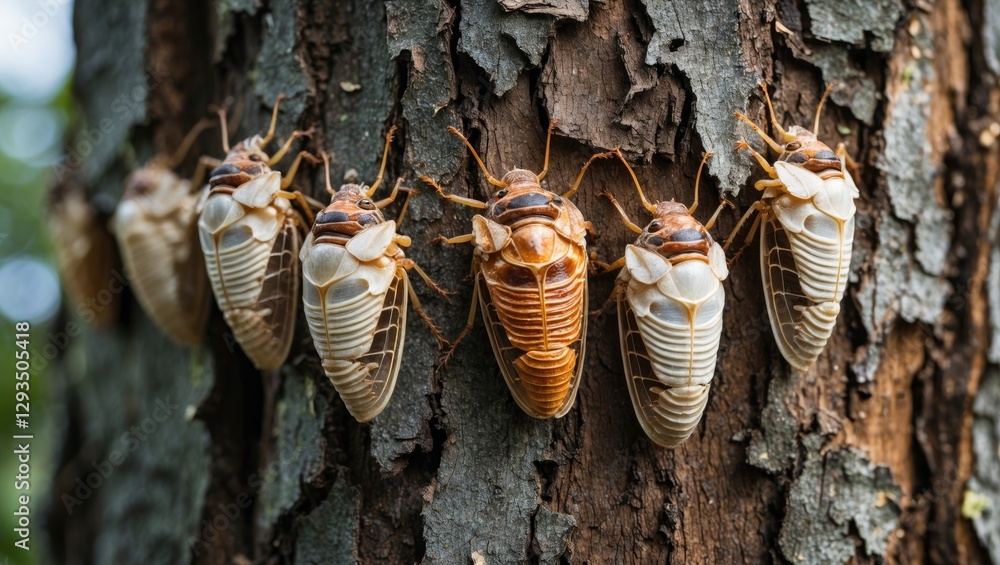 Poster cicada exoskeletons attached to tree bark showcasing nature's transformation and insect life cycle i