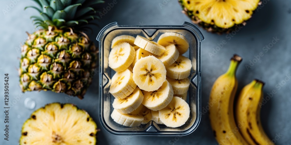 Poster Sliced Pineapple And Banana Ready For Blending With Fresh Fruits Surrounding And Space For Text Overlay