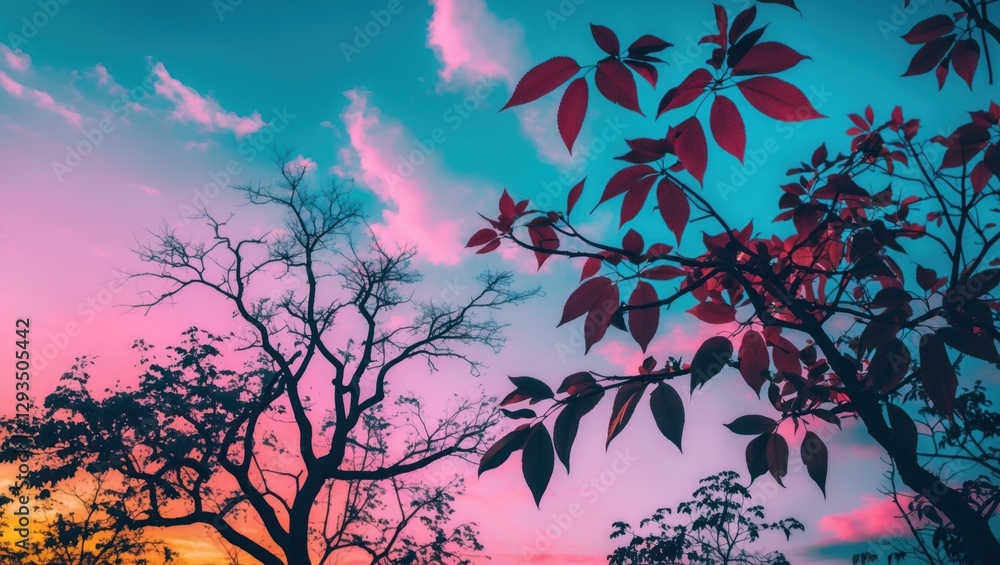 Poster silhouetted tree branches and vibrant leaves against a dreamy gradient sky at sunset creating a tran