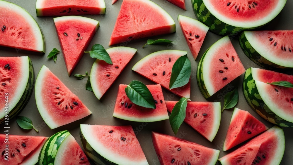 Aufkleber Ripe watermelon slices artistically arranged with green leaves on a neutral backdrop creating space for text or design elements.