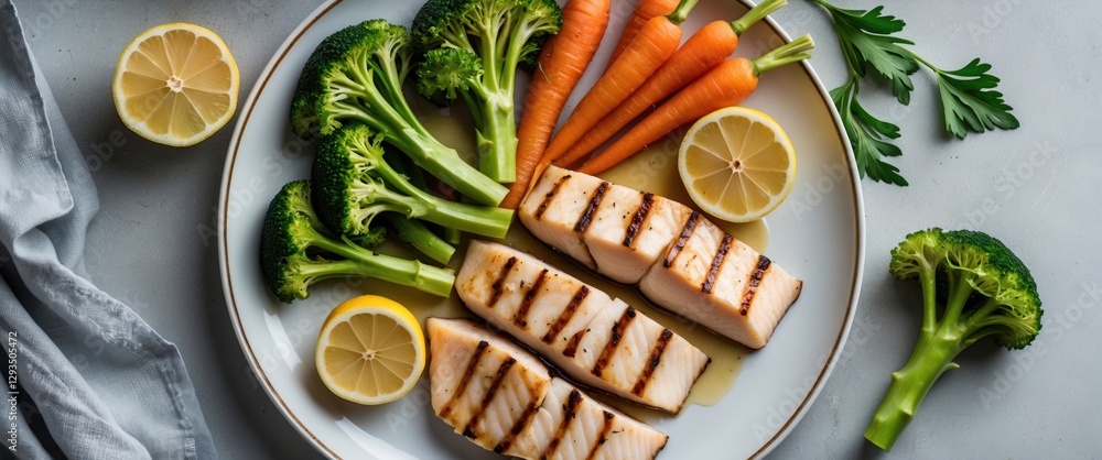Poster grilled swordfish slices with boiled broccoli and carrots on a white plate healthy seafood dish with