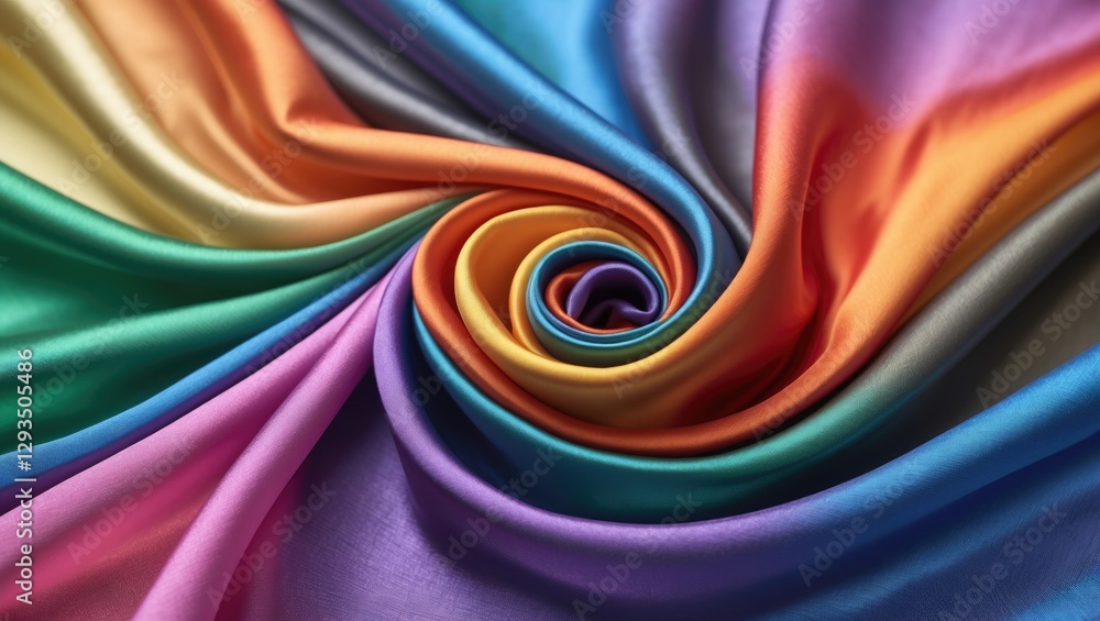 Poster Vibrant silk scarf in a swirling pattern showcasing a spectrum of rainbow colors and smooth texture ideal for fashion and design concepts.