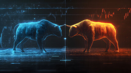 Stock market dynamics bull vs bear holographic display financial sector digital art virtual environment futuristic view