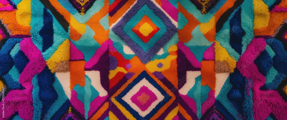 Poster vibrant geometric carpet pattern in colorful ornamental design showcasing a plush textile texture su