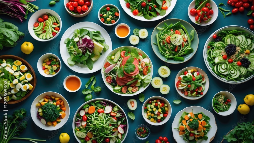 Aufkleber Assorted Fresh Salads Overhead View Displaying Colorful Vegetables and Healthy Ingredients with Space for Text in a Vibrant Setting
