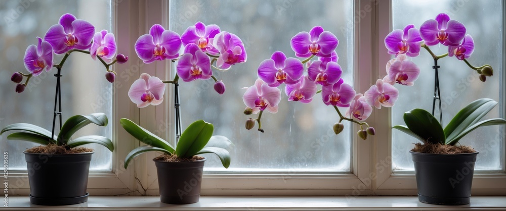 Poster elegant purple orchids in pots displayed on a bright window sill with a soft focus background creati