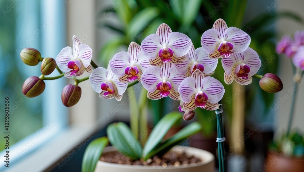 Poster elegant orchid blooms in a bright indoor setting with copy space for text and green foliage backgrou