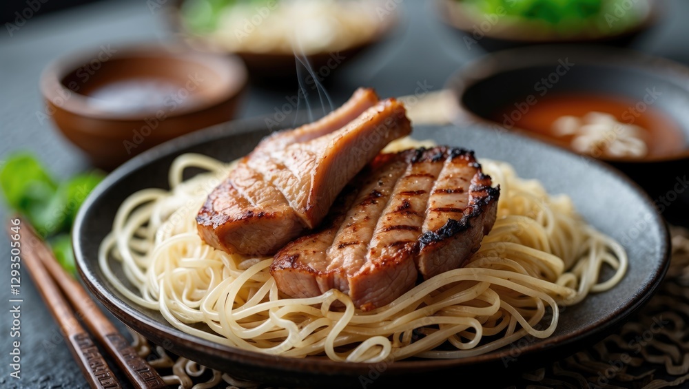 Aufkleber Grilled Pork Slices on Soft Noodles with Sauce in Background Perfect for Culinary Promotions and Food Advertisements