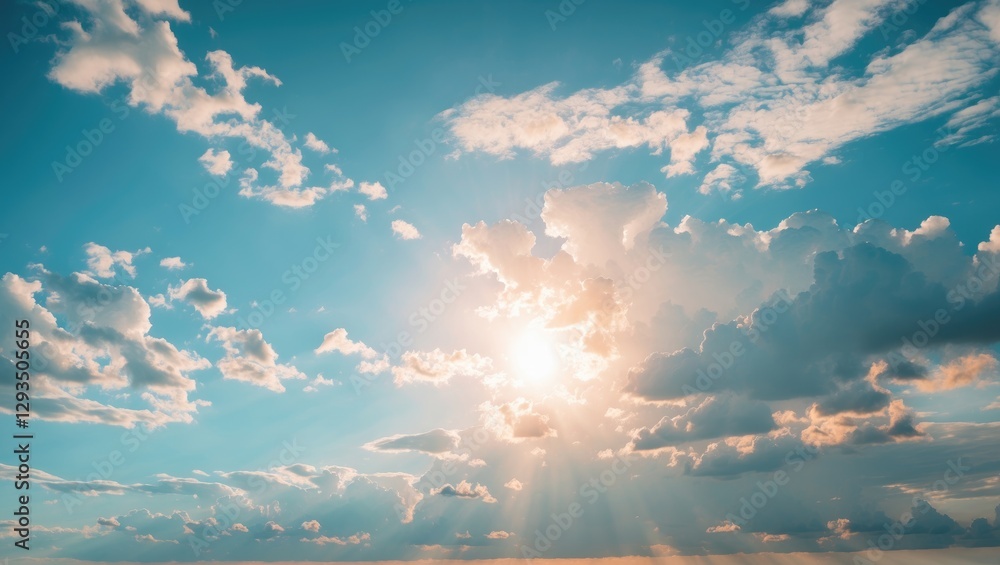 Poster bright morning sky with sunlight shining through clouds and clear space for text or overlay in a ser