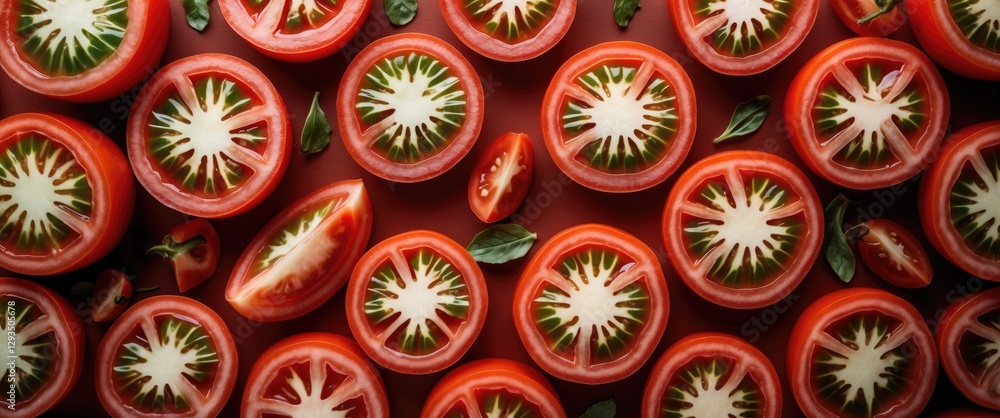 Poster Freshly sliced tomatoes on a dark background with green hints showcasing vibrant colors and textures for culinary or agricultural themes.