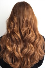 Fototapeta premium Beautiful long well-groomed wavy brown hair, viewed from the back on a white background. The hair is styled in large loose waves and has a shiny glossy look with a light honey blonde.